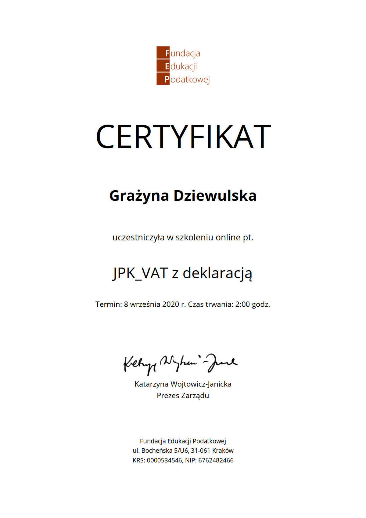 JPK_VAT z deklaracją - szkolenie Fundacja Edukacji Podatkowej